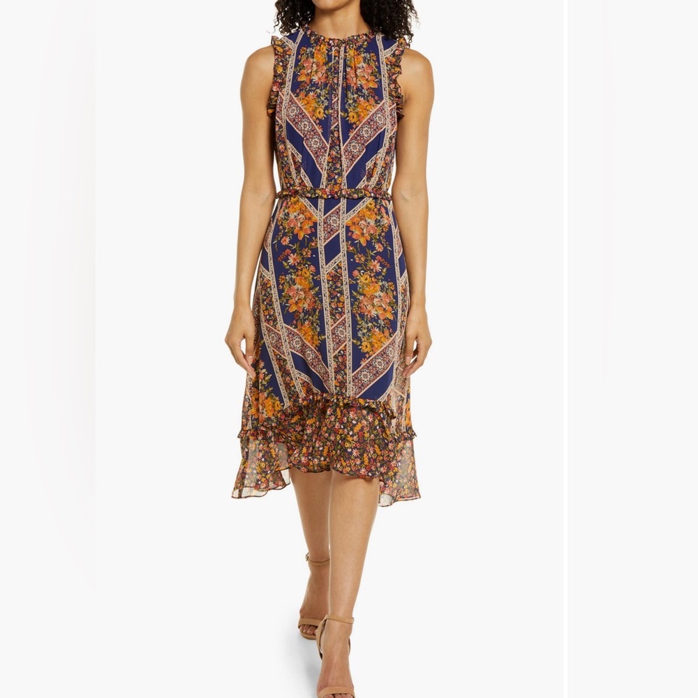julia jordan Navy Floral Asymmetrical Ruffle Hem Dress